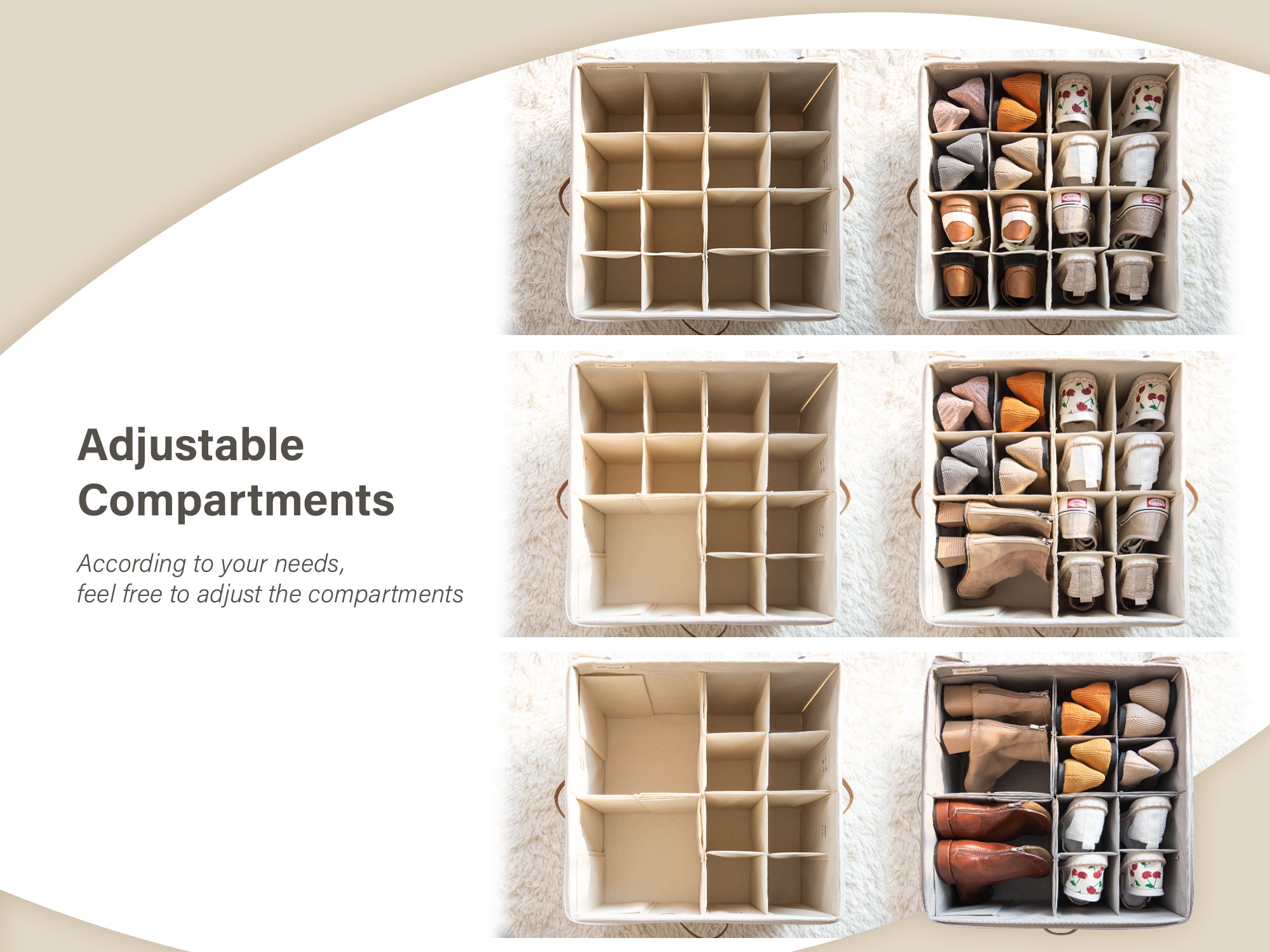 Showing the adjustable compartments of the shoe storage organizer