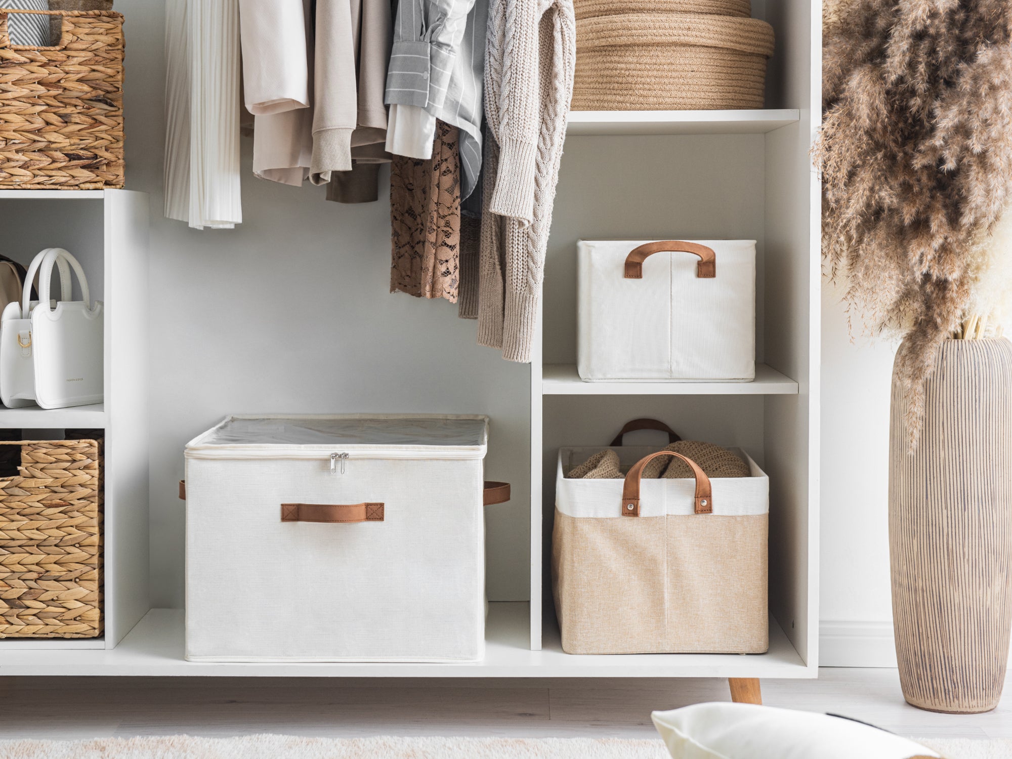 StorageWorks Narrow Storage Bins, Small Baskets for Organizing, Long  Storage Basket with Handles, Fabric Storage Bins for Shelf, Brown and  White