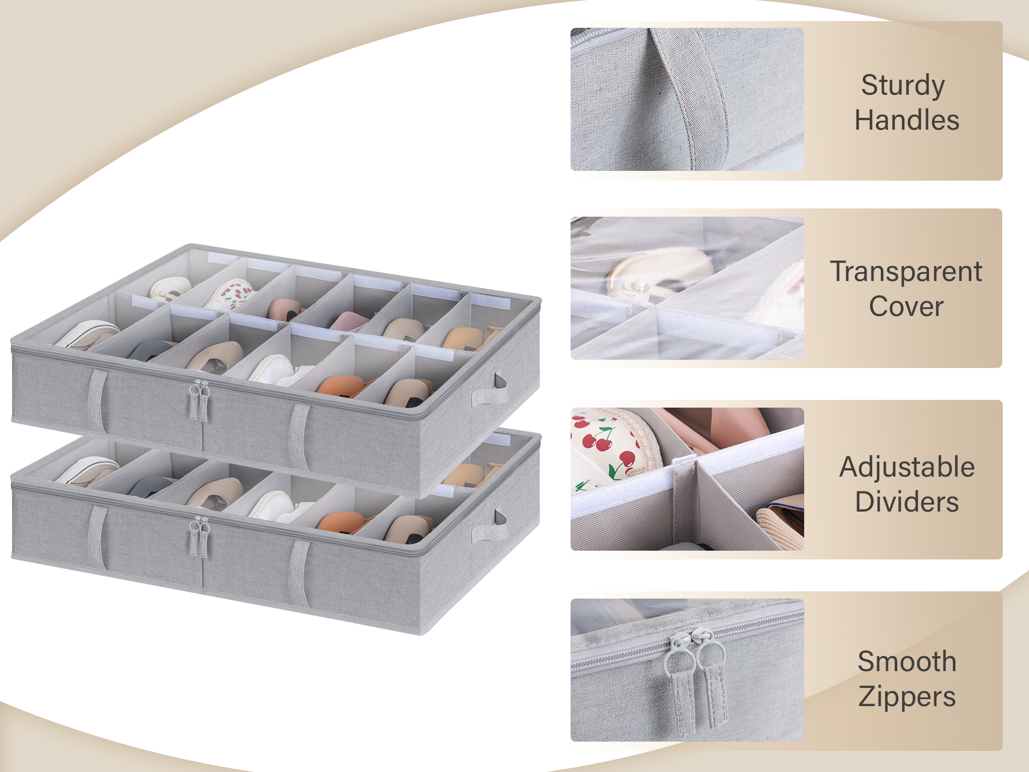 This underbed storage bin features sturdy handles, transparent cover, adjustable dividers, and smooth zippers.