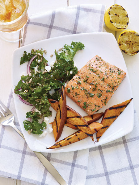 Grilled Salmon and Sweet Potatoes with Kale Post Workout Recipe
