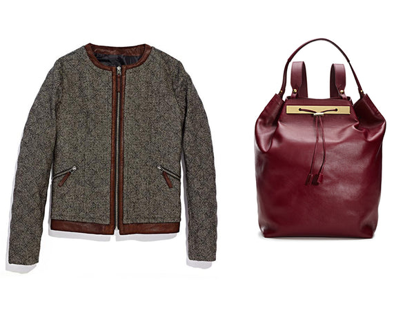Tweed Bomber and Maroon Leather Backpack