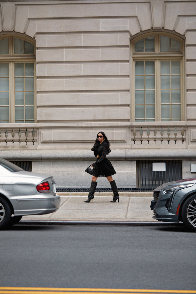 Rachel Parcell walking outside in New York City wearing Black Lace Mini Dress