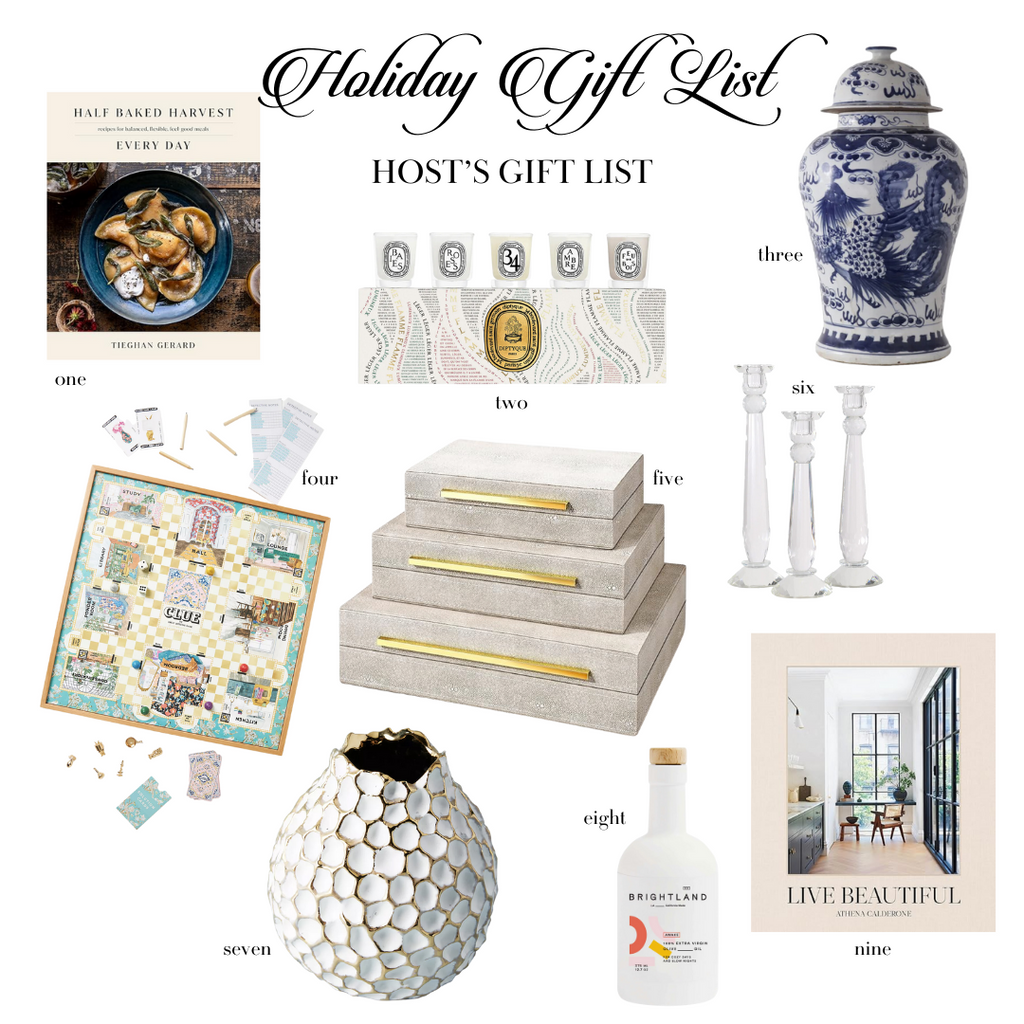 Numbered photo collage of Rachel Parcell’s top picks for gifts for the host