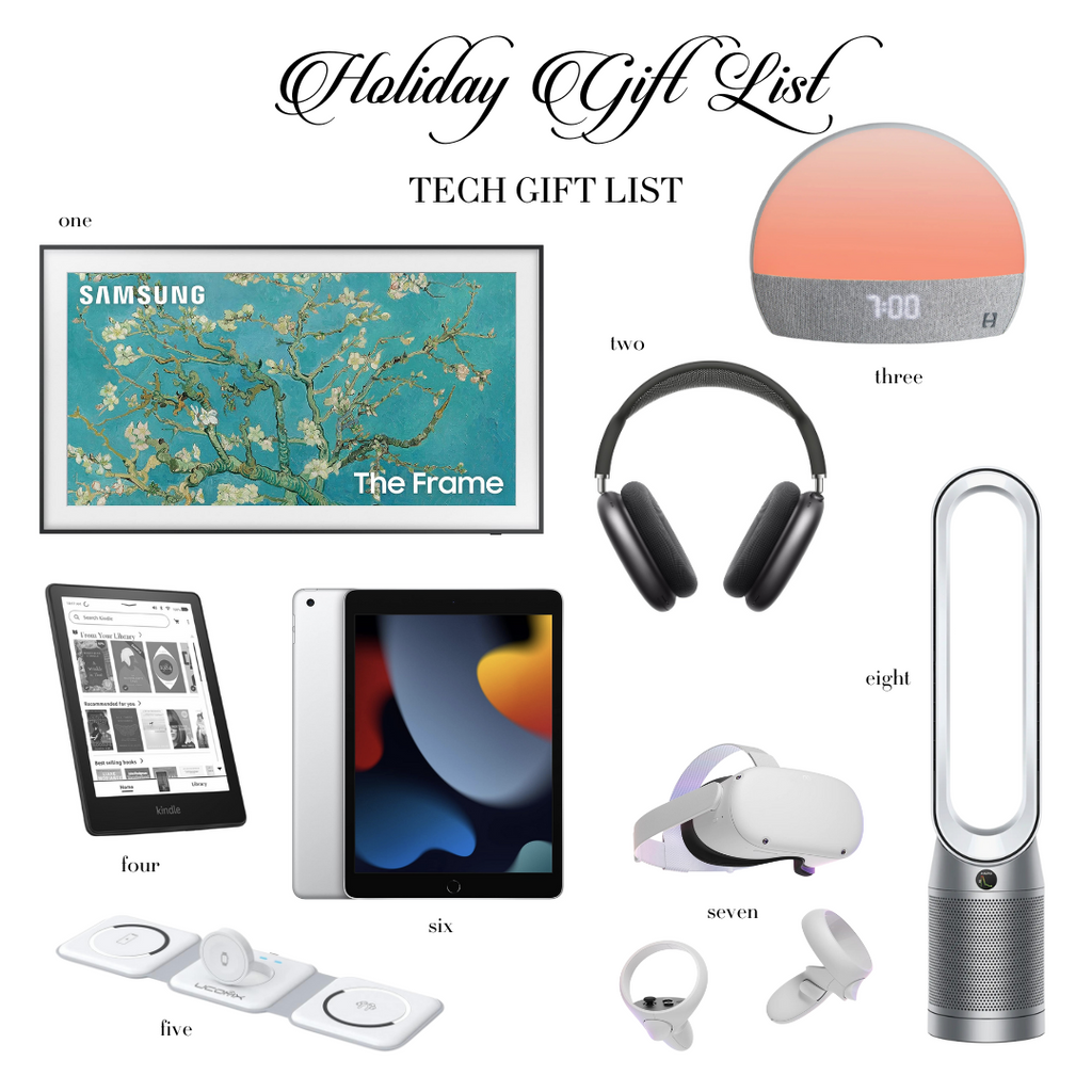 Numbered photo collage of Rachel Parcell’s top picks for gifts for tech gifts