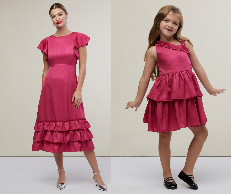 Side by side image of model wearing Flutter Sleeve Ruffle Midi Dress and Little Girl model wearing Girls Ruffle Dress