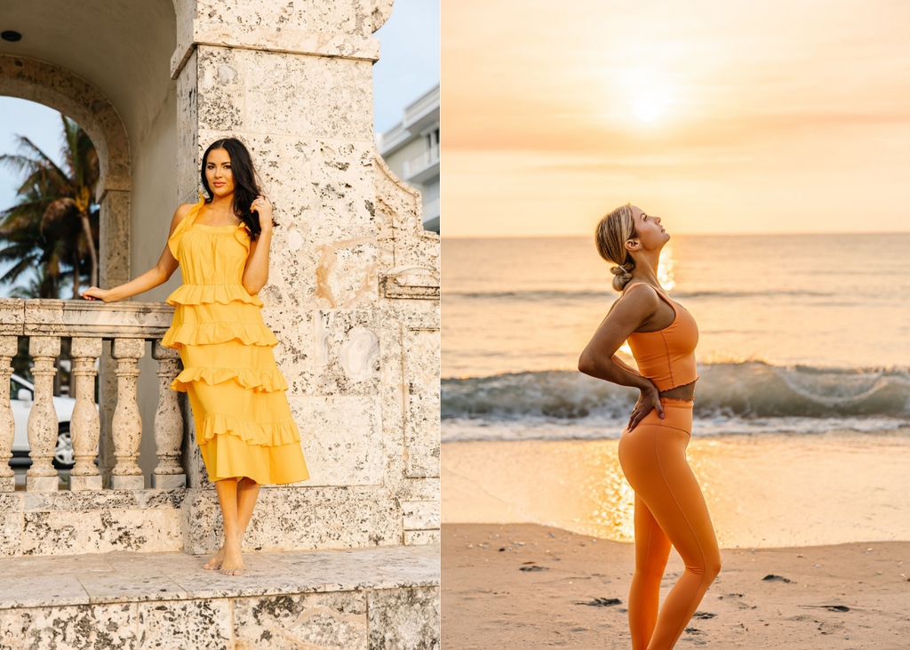 Rachel Parcell wearing new RP Cotton Poplin Tiered Midi Dress in Melon and Emily Jackson wearing IVL Cantaloupe Hydrasculpt Purl Edge Cami Bra and Hydrasculpt Purl Edge Leggings