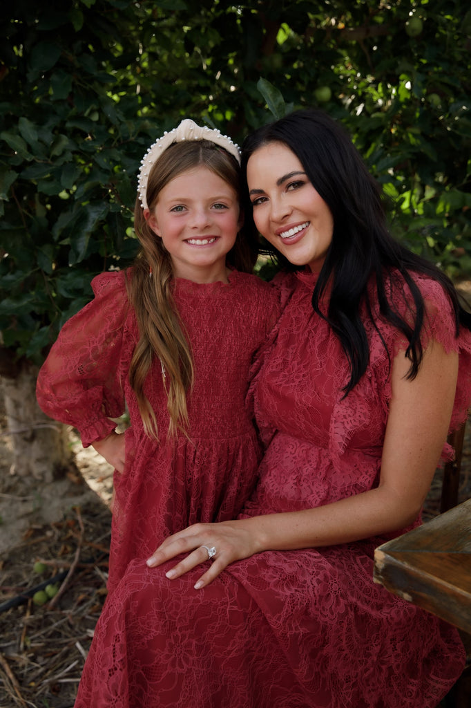 Rachel Parcell wearing Rust Lace Occasion Dress and Isla Rose Parcell wearing Girls Rust Lace Occasion Dress