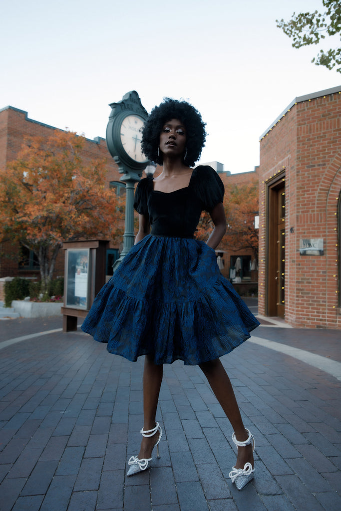 Model wearing Black and Moonstone Bustier Short Dress