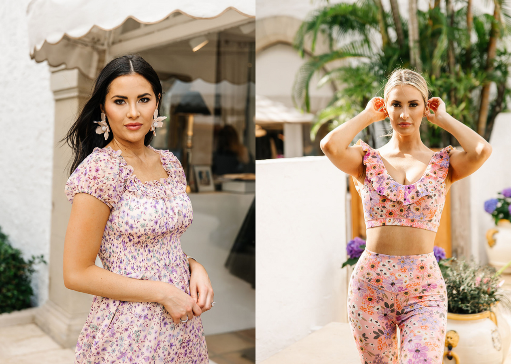 Close up of Rachel Parcell wearing Lilac Floral Chiffon Smocked Midi Dress