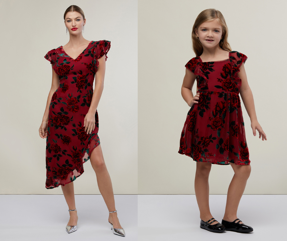 Side by side image of model wearing the Burnout Roses Deep Red Ruffle Asymmetrical High Low Midi Dress and Little Girl model wearing Girls Burnout Roses Deep Red Flutter Fit and Flare Dress