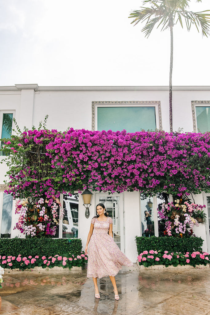 Rachel Parcell wearing Lilac Floral Chiffon Smocked Midi Dress