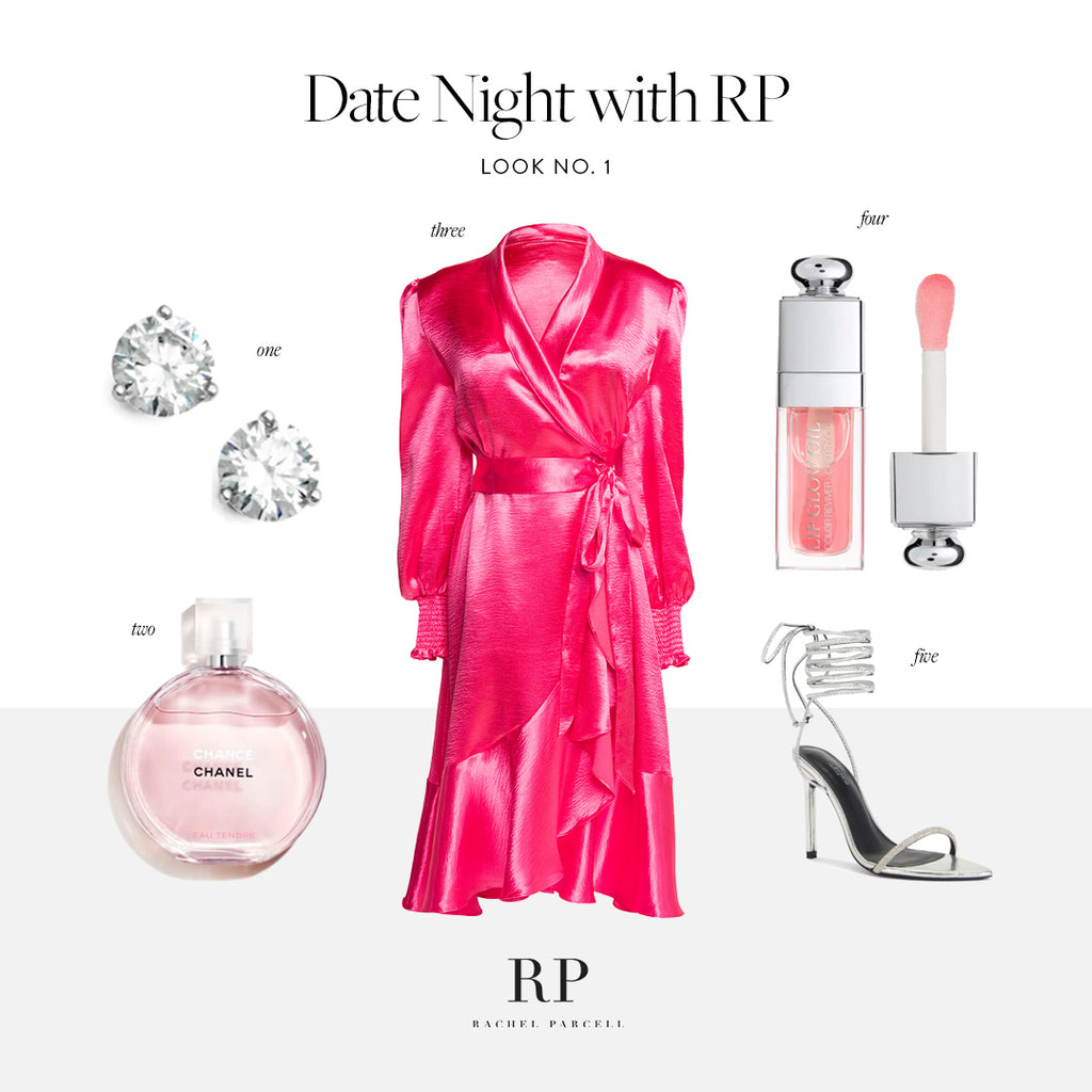 Styling board for RP hot pink satin wrap dress with accessories and shoes 