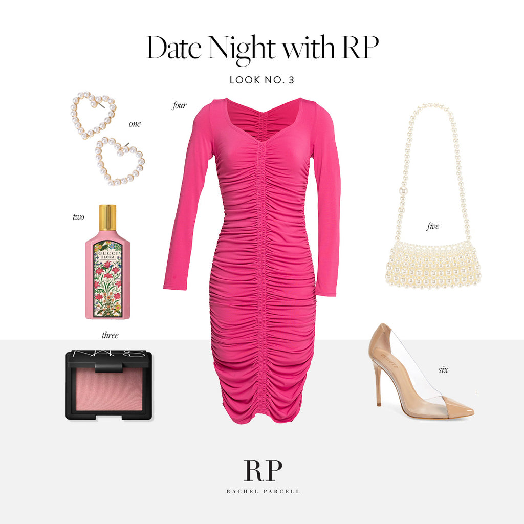 Styling board for RP hot pink ruched bodycon dress with accessories and shoes 