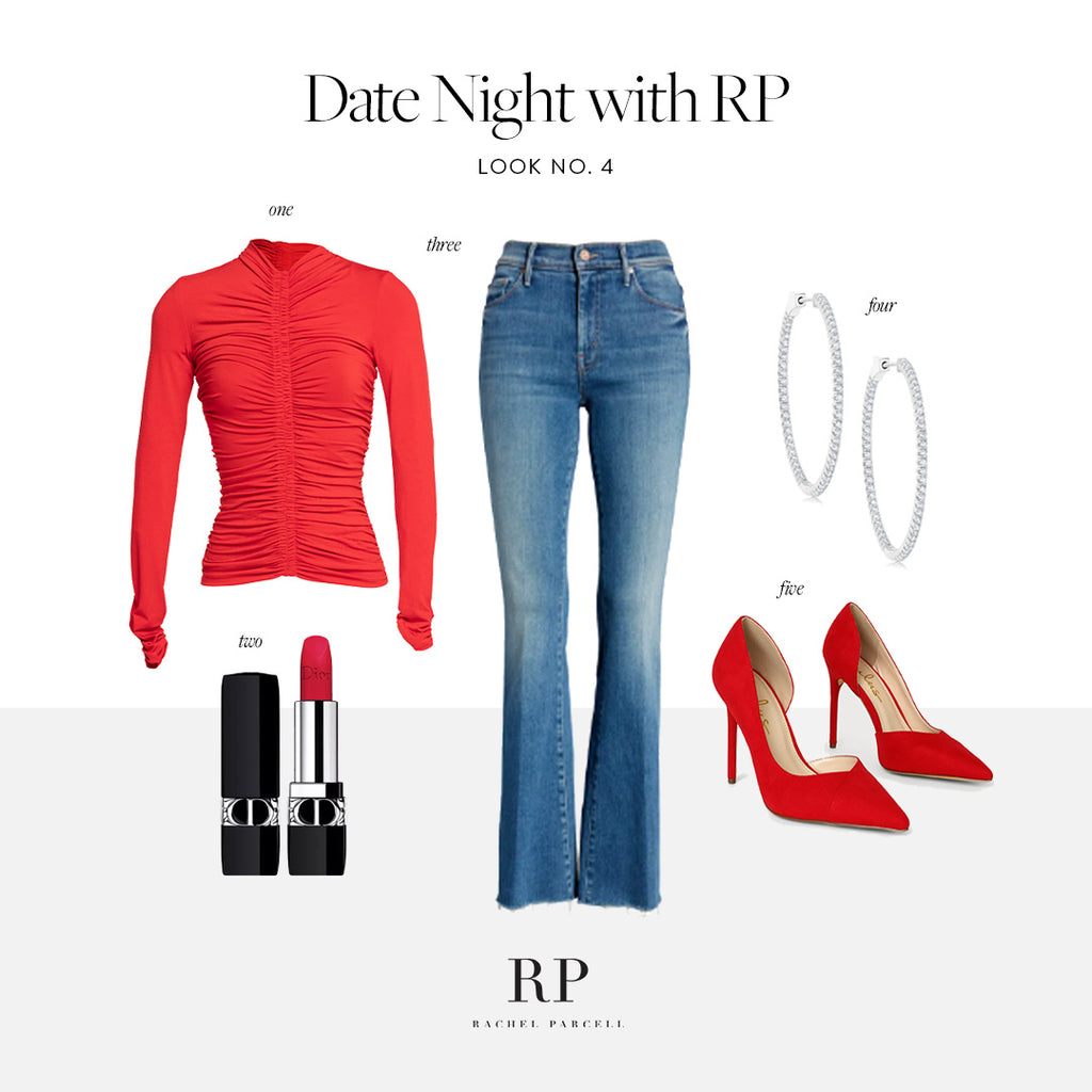 Styling board for RP ruched red top with accessories and shoes 