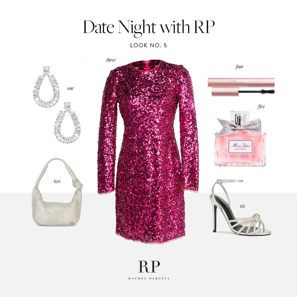 Styling board for RP hot pink sequin dress with accessories and shoes 