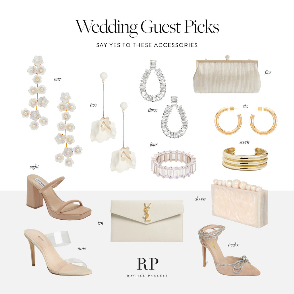 Photo collage of Rachel Parcell's picks for wedding guest accessories