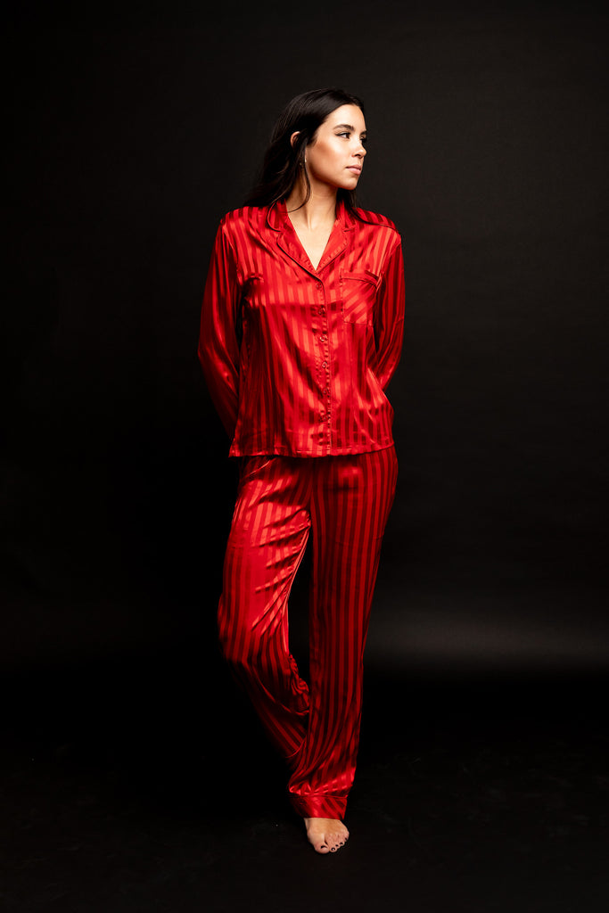 Model wearing red Satin Stripe Jacquard Pajama Set 