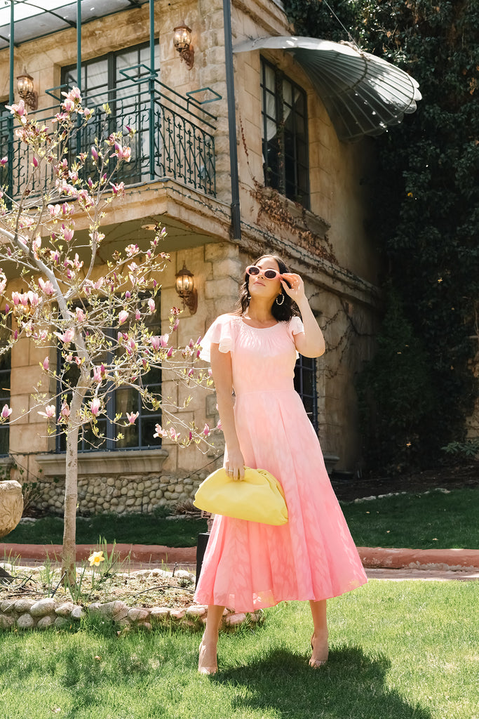 Rachel Parcell wearing RP Blush Ruffle Sleeve Ombre Midi Dress