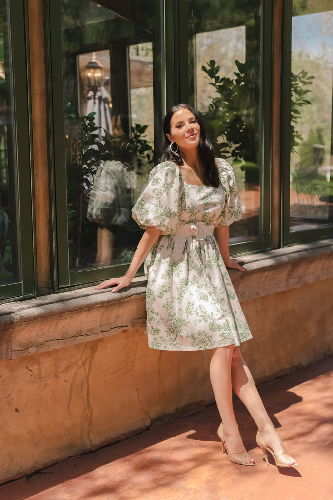 Rachel Parcell wearing RP Sage Toile Puff Sleeve Cotton Poplin Dress