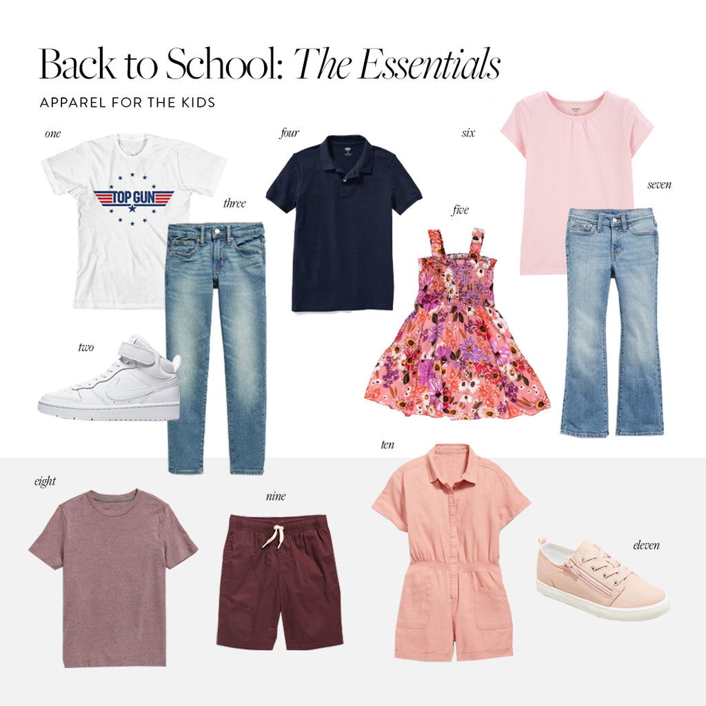 Photo collage of Rachel Parcell's back-to-school clothing picks for her kids 
