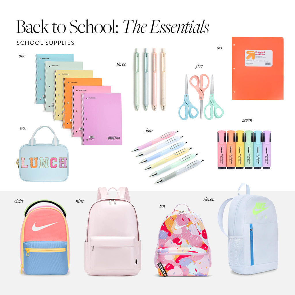 Photo collage of Rachel Parcell's back-to-school supplies picks for her kids  