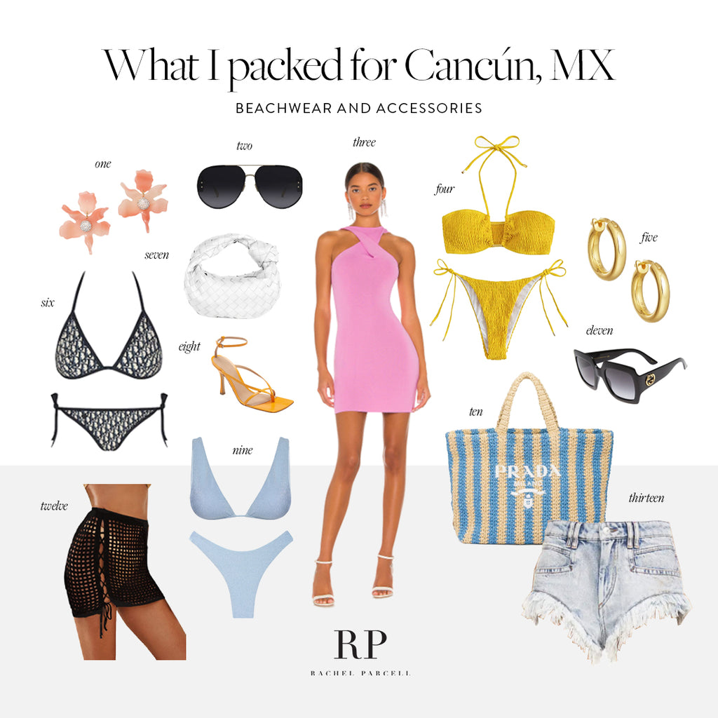 Photo collage of clothes and accessories Rachel Parcell brought and wore on her anniversary trip to Cancun