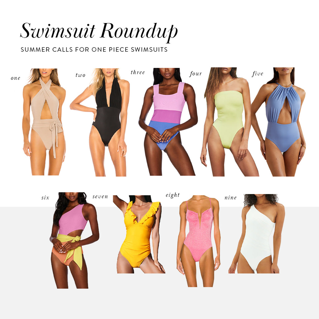 Collage of Rachel Parcell's One Piece Swimsuit Picks for swimsuit season and summer vacations 