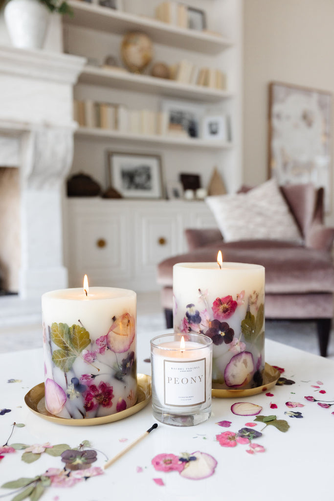 3 sizes of RP Rosy Rings candles in Rachel Parcell's living room