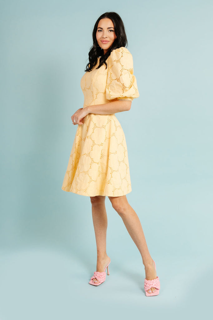 Rachel Parcell wearing Buttercup Puff Sleeve Eyelet Fit & Flare Dress