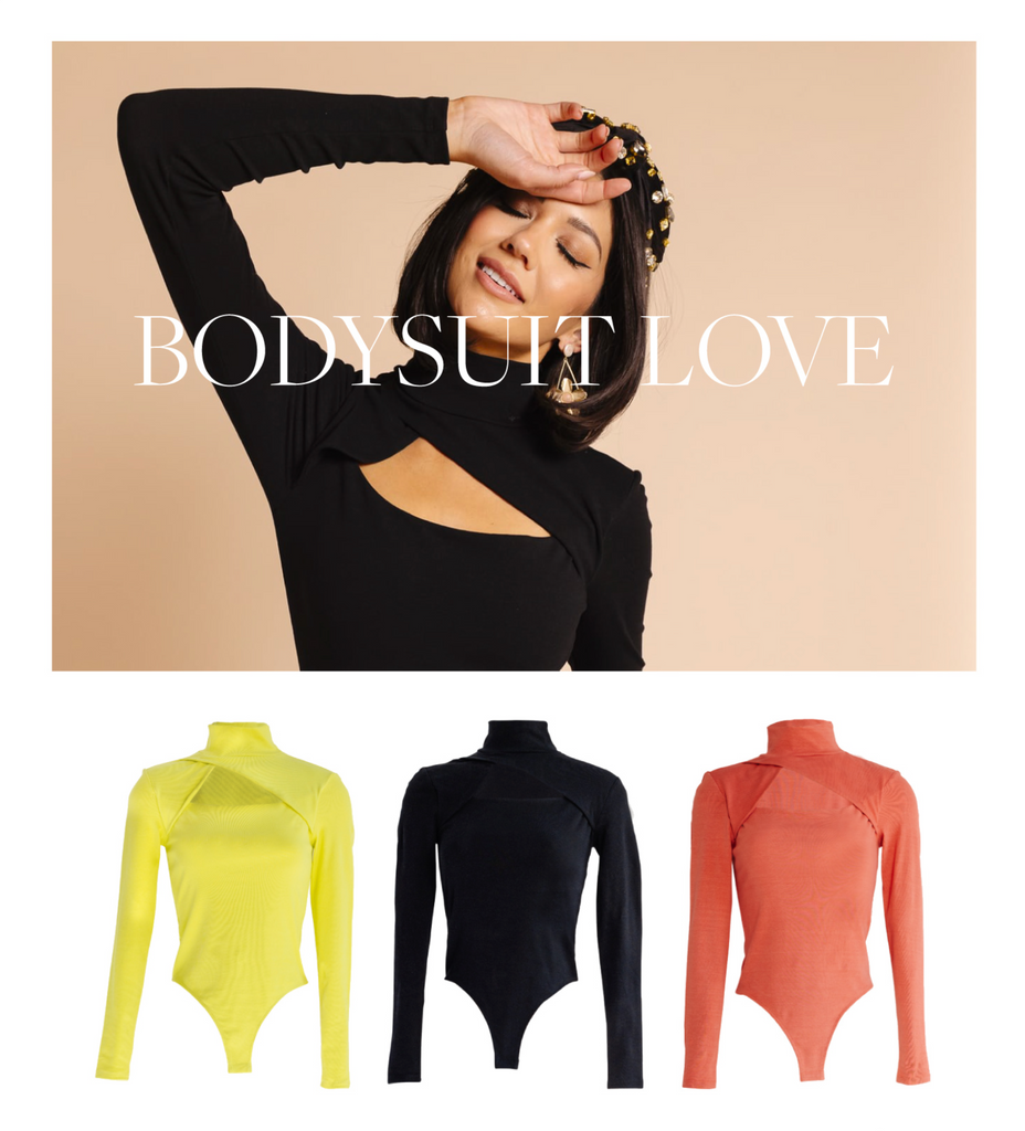 image of model wearing black RP bodysuit with images of Chartreuse bodysuit, black bodysuit, and rust bodysuit below