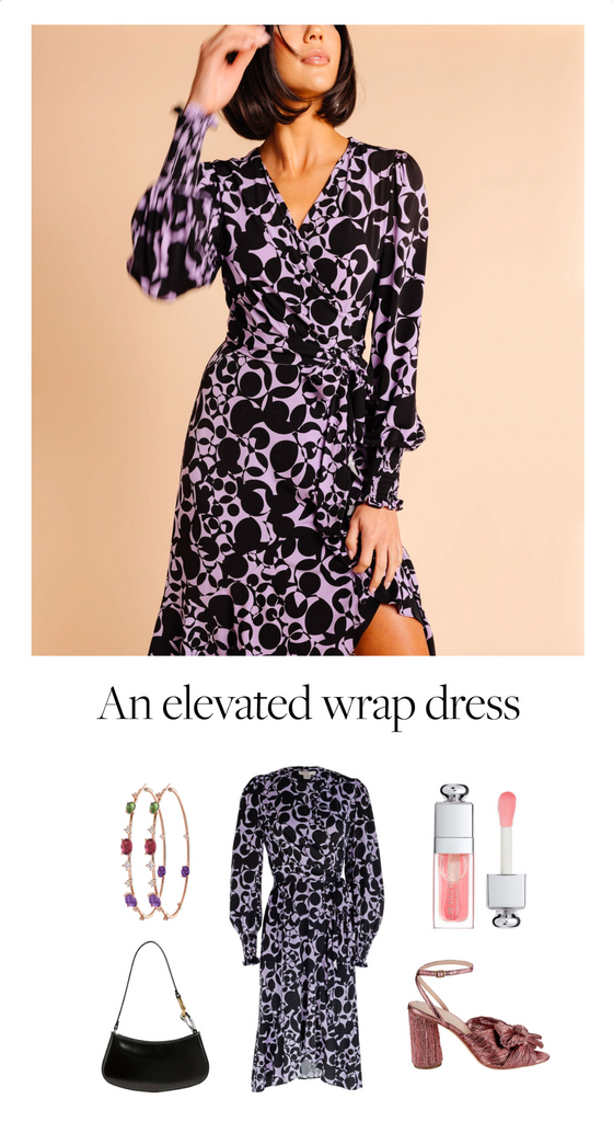 Model wearing RP Black and Lavender Retro Print Wrap Dress with styling board below with bracelets, purse, lipgloss, and heels