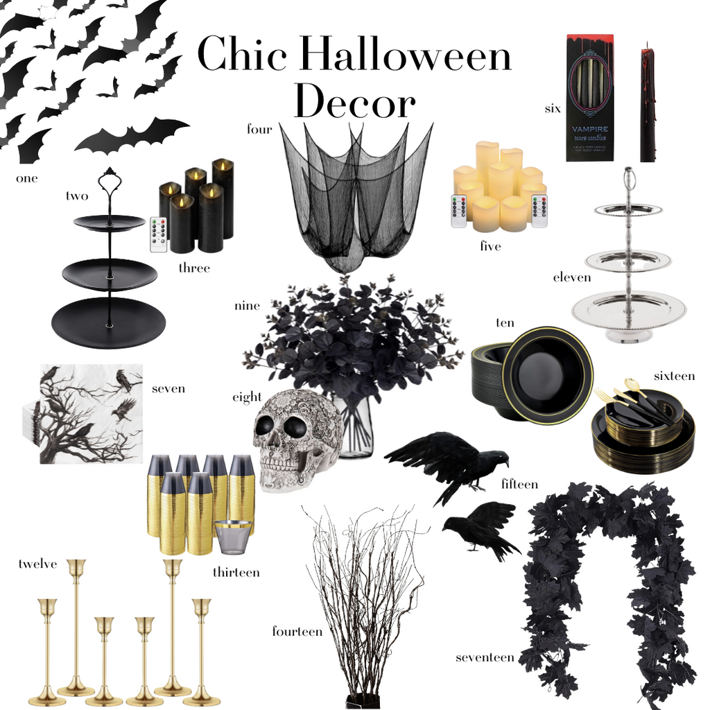 Numbered photo collage of all decor and props used for Rachel Parcell's Vampire Diaries themed Halloween party