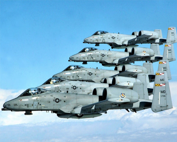A-10C aircraft from the Maryland Air National Guard stationed at Warfield Air National Guard base in Baltimore, Maryland flying in formation during a training exercise.