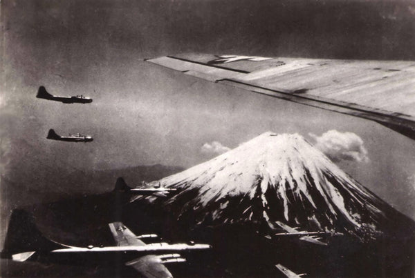 B-29 Superfortress bombers near Mount Fuji, Japan, July 1945.