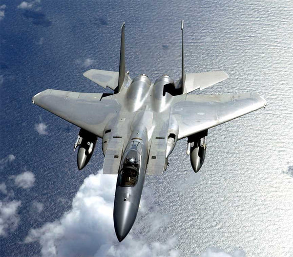 The F-15 Eagle is a twin engined aircraft with two Pratt & Whitney F100 turbofans enabling it to reach speeds of Mach 2.5. 