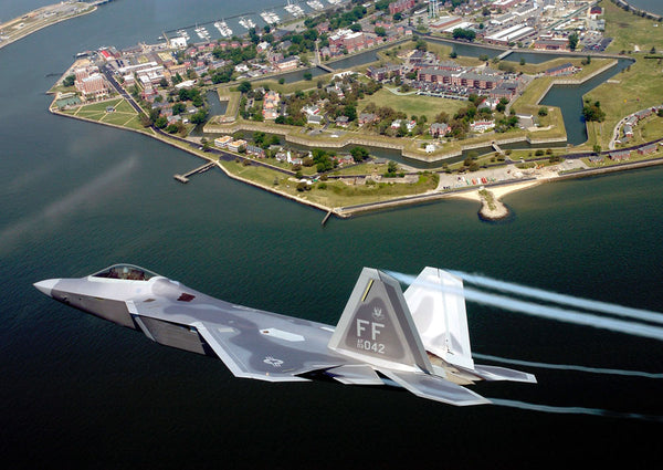 Lt. Col. James Hecker flies over Fort Monroe Virginia before delivering the first operational F-22A Raptor to its permanent home at Langley Air Force Base on May 12.