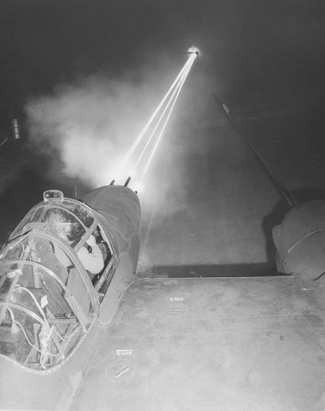 P-38 test of 50 caliber machine guns firing with every fifth shell a tracer in three second bursts.