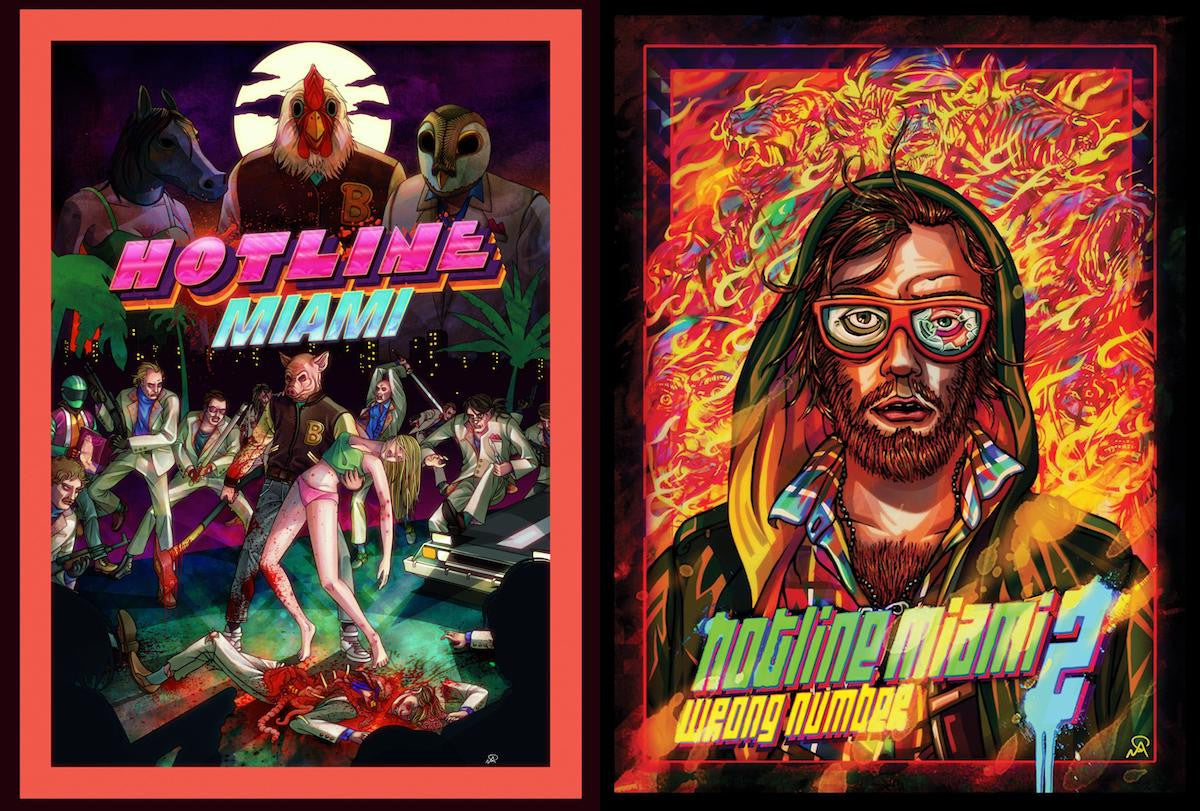 Niklas Åkerblad’s covers for Hotline Miami (left) and Hotline Miami 2 — the latter featuring a self-portrait of him as the returning character, Beard: