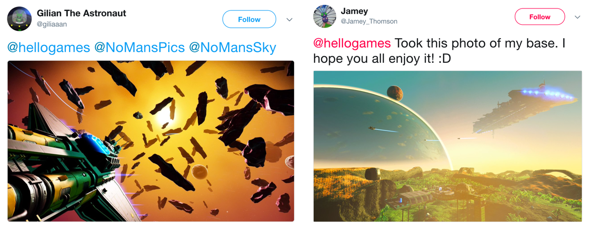 No Man’s Sky, shot by Twitter’s @giliaaan and @jamey_thomson — examples retweeted by @nomanspics