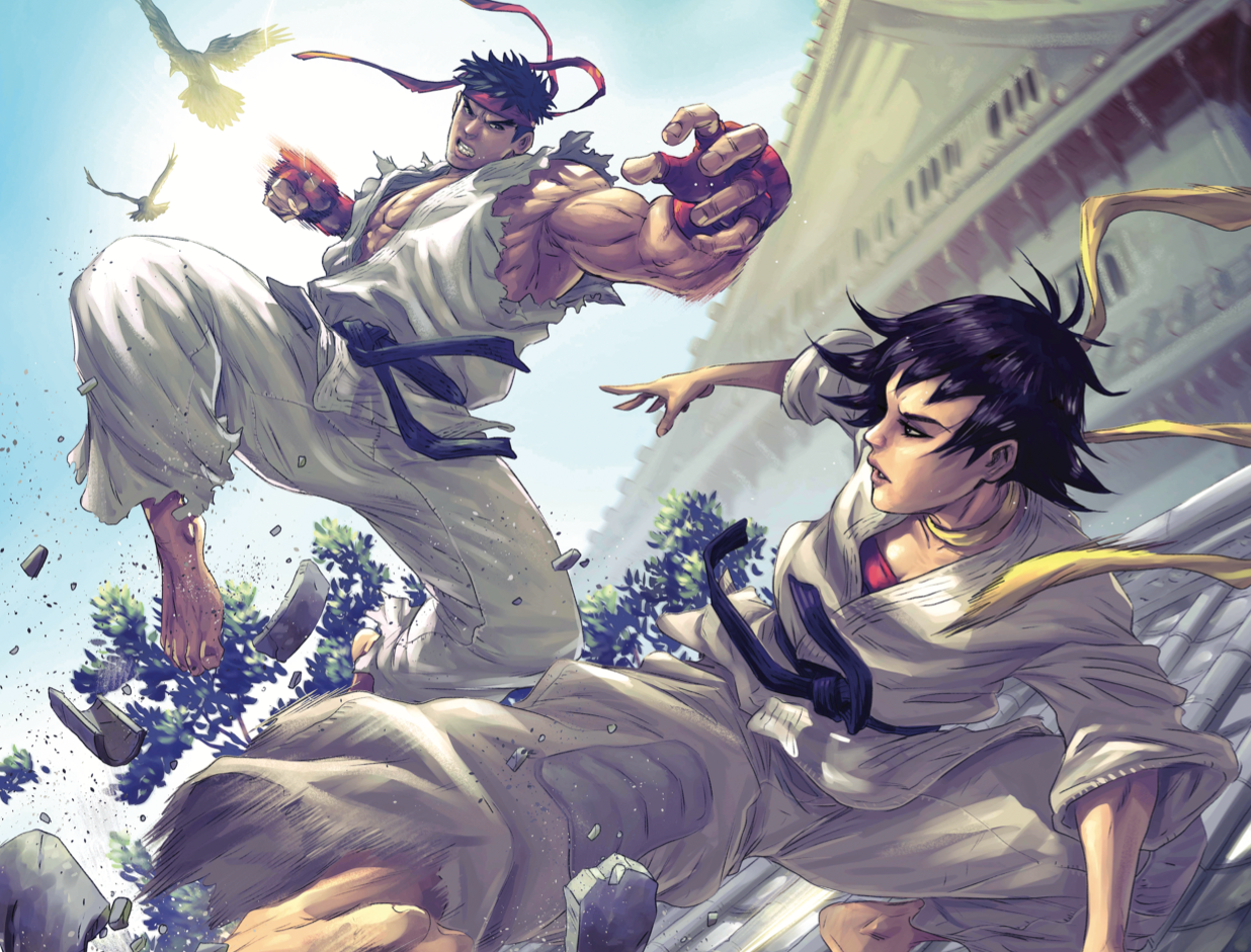 An inner sleeve illustration by Andie Tong from the Street Fighter III: The Collection quadruple LP vinyl. 