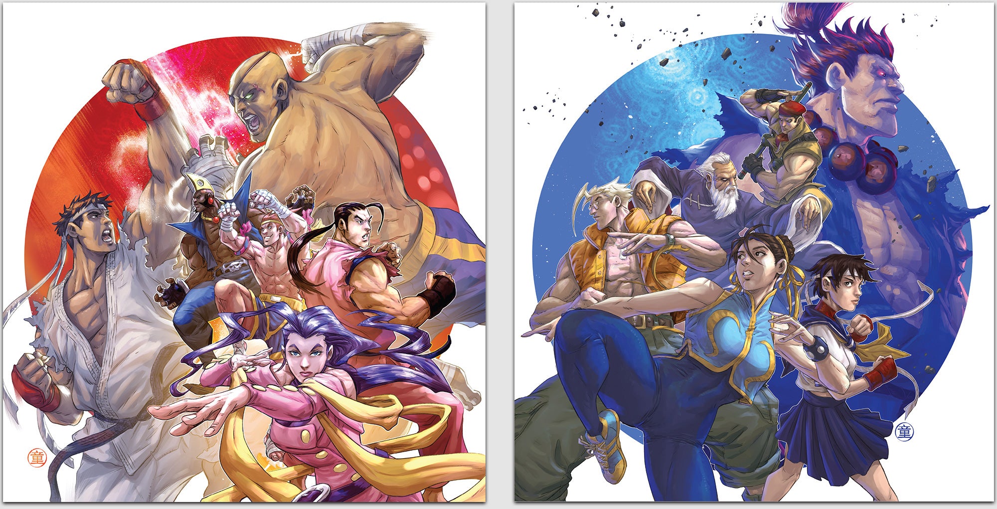 the front covers for both the Street Fighter Alpha: Warriors' Dreams and Alpha 2 double LP vinyl set