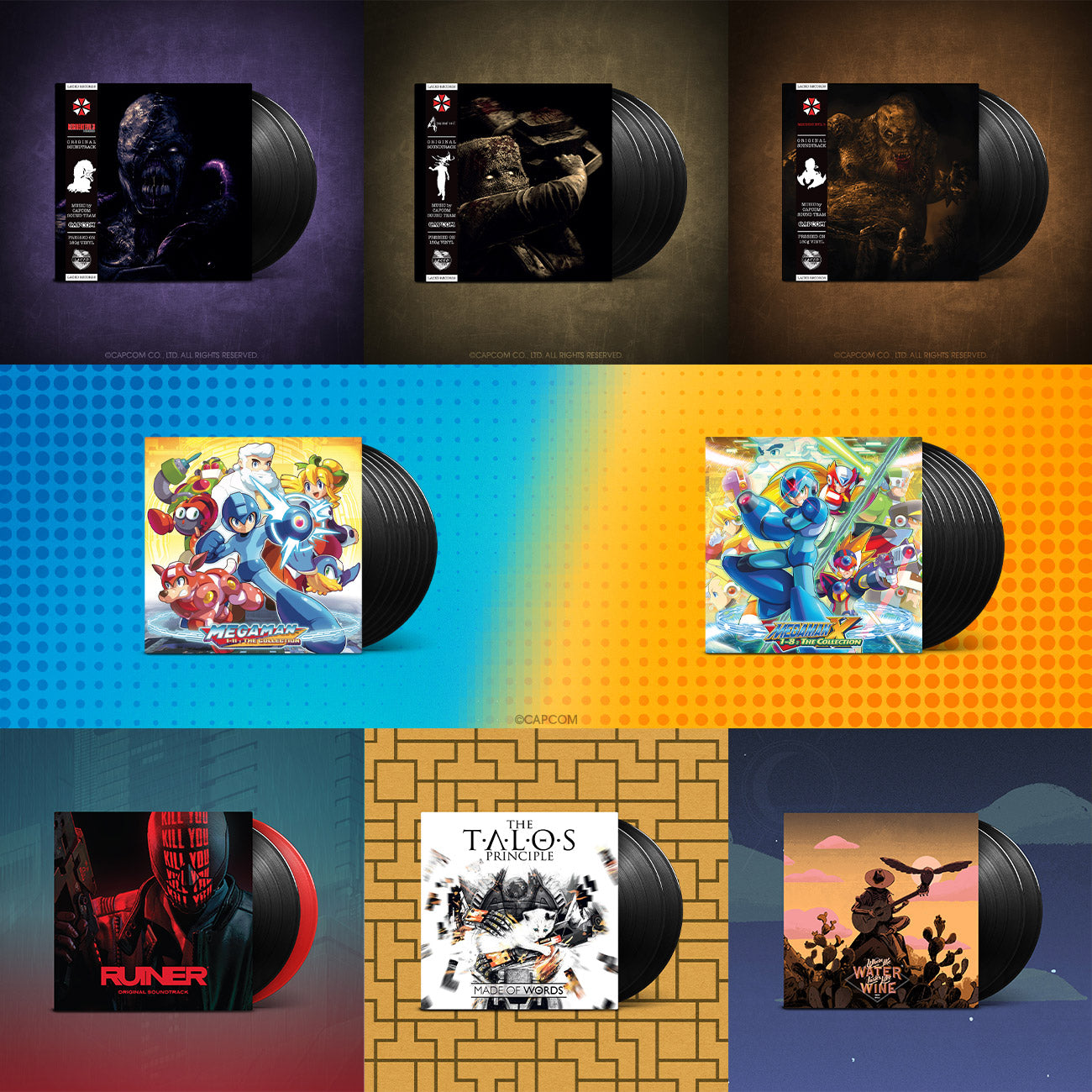 Various represses from Laced Records including Resident Evil, Mega Man, Ruiner, The Talos Principle and Where the Water Tastes Like Wine