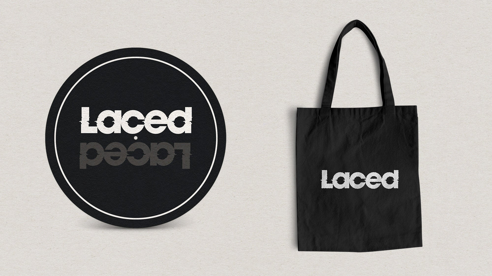 Laced merch including slipmat and tote bag