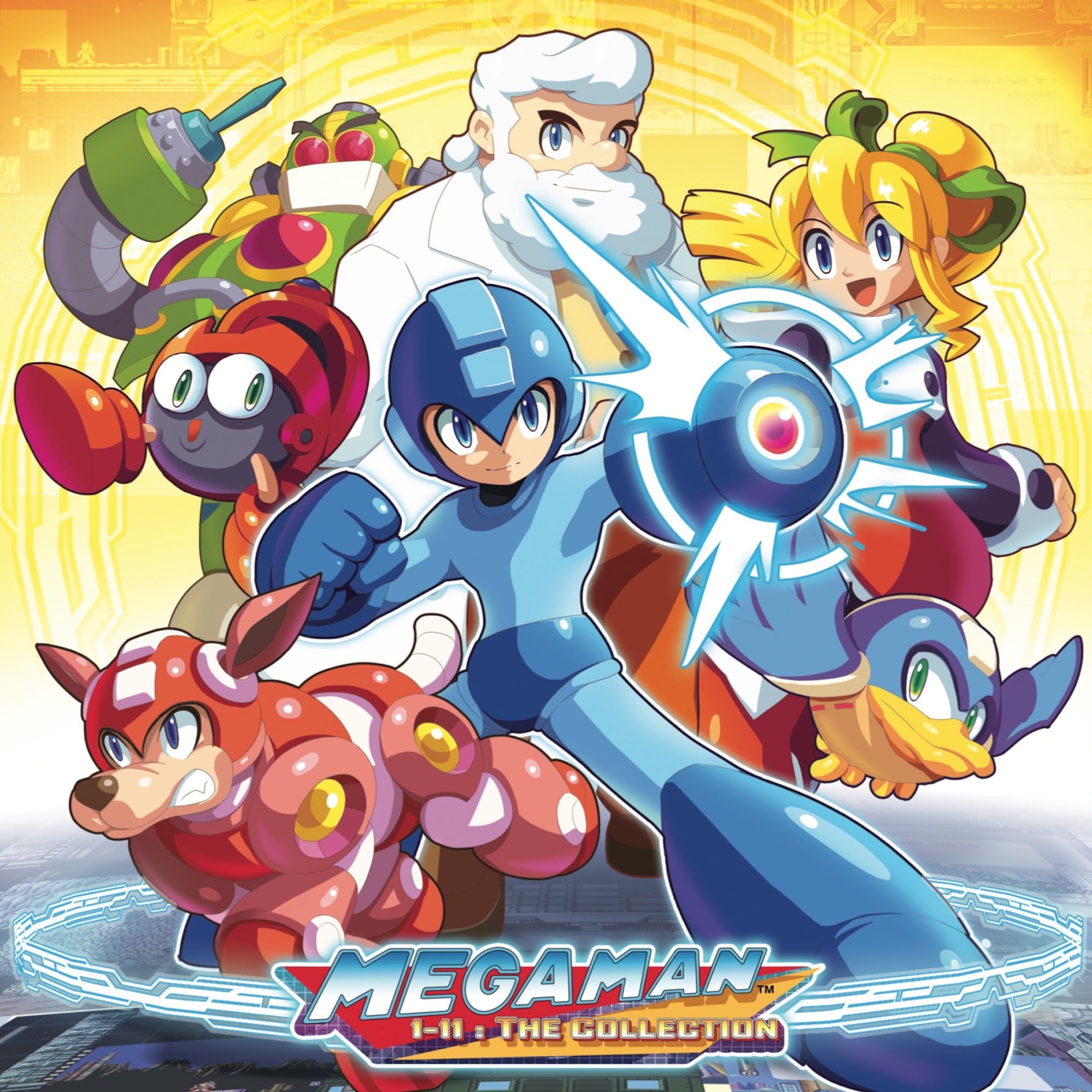 ultimatemaverickx’s outer sleeve front cover for the Mega Man 1-11: The Collection vinyl box set, featuring the Light family. 