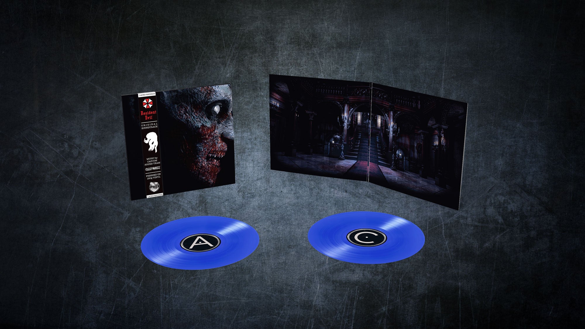 The Resident Evil 2002 vinyl laid out with blue LPs