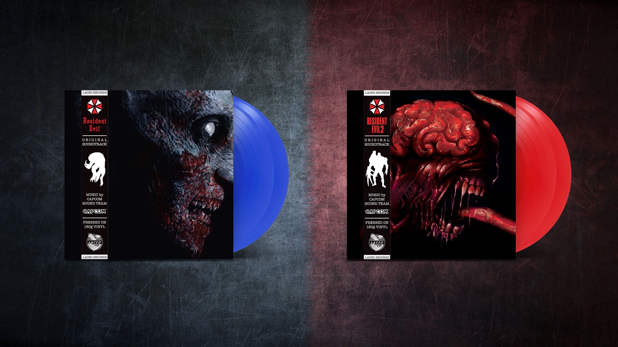 The Resident Evil 2002 and RE2 1998 soundtrack vinyl in blue and red respectively