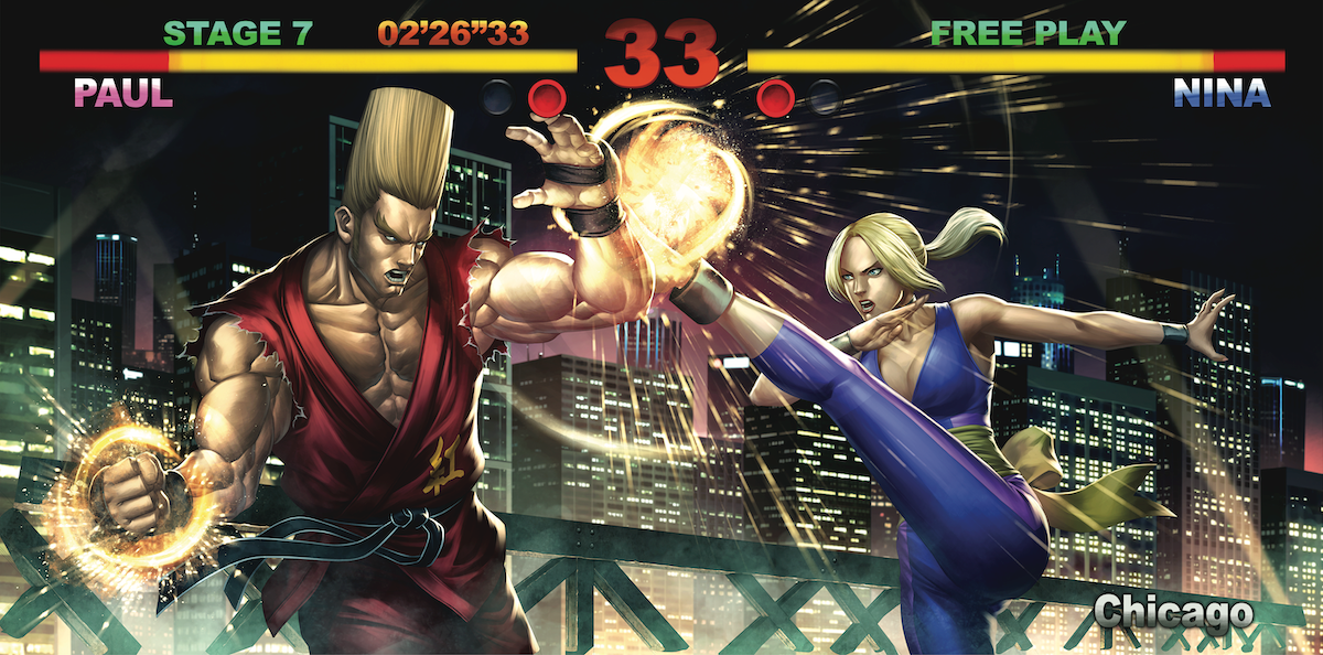 The gatefold sleeve artwork by Samuel Donato AKA DXSinfinite for the TEKKEN (Original Soundtrack) vinyl.