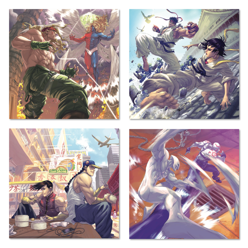 Four panels from the Street Fighter 3 vinyl set, showing various characters