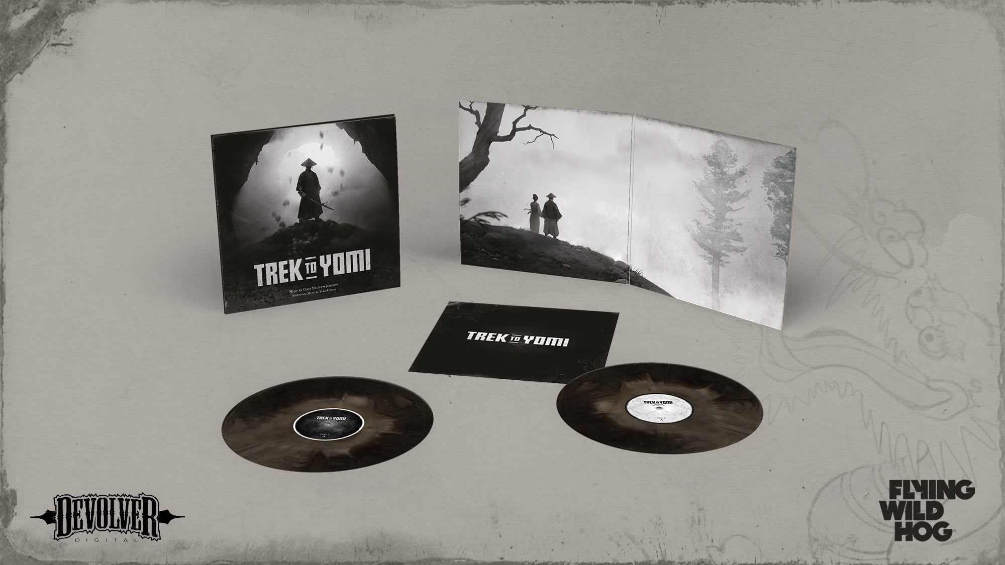 The Trek to Yomi double vinyl by Laced Records with grey and black discs, available via the Devolver merch store.