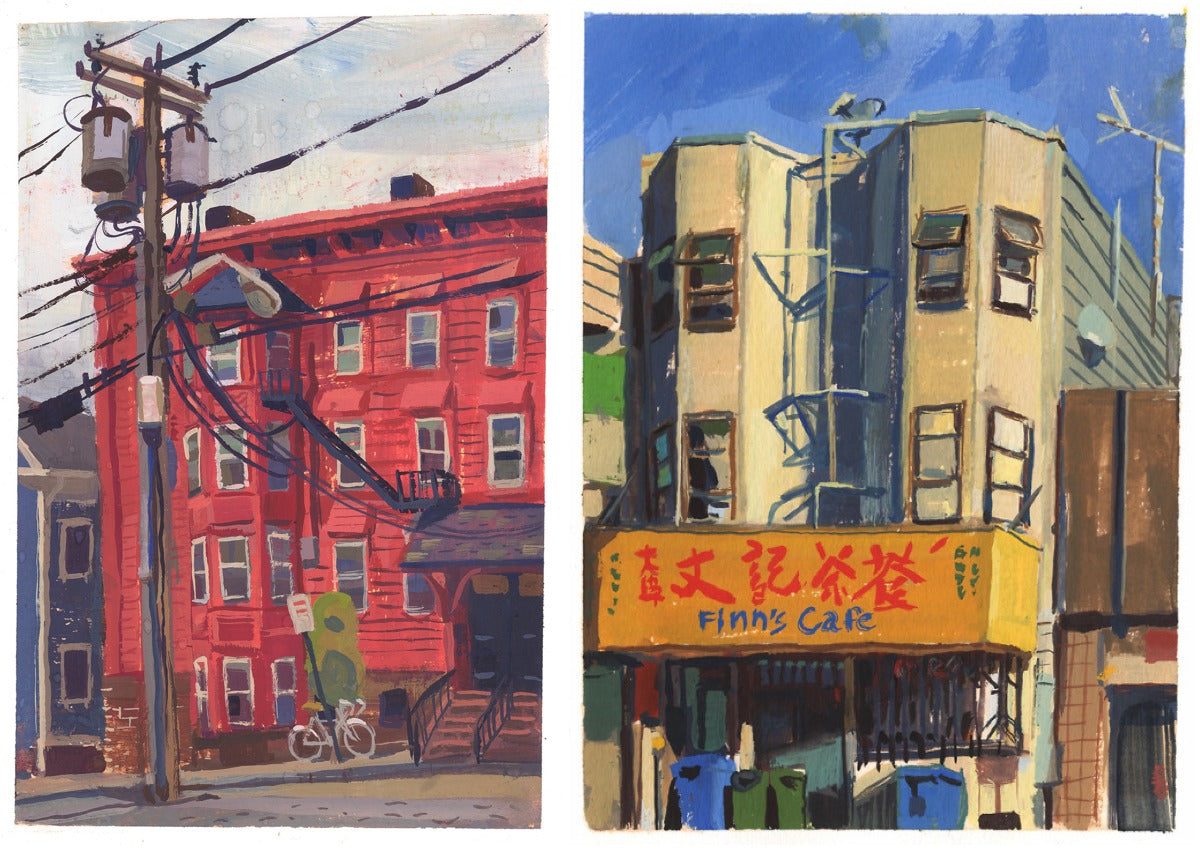 Plein air (i.e. outdoor) gouache (i.e. watercolour) paintings by Kellan Jett; (left) Providence, Rhode Island; (right) San Francisco, California.
